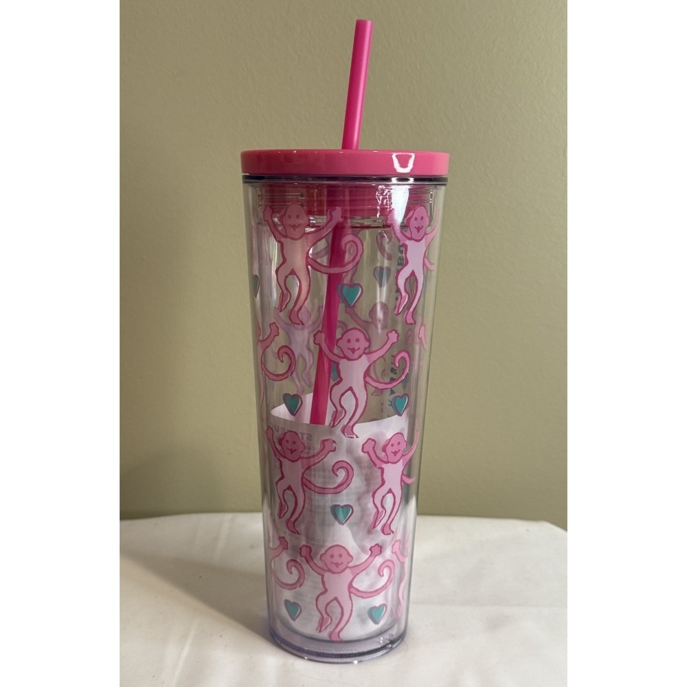 2025 Starbucks x Roller Rabbit Holiday Clear Tumbler Cup Pink Monkeys Limited Ed